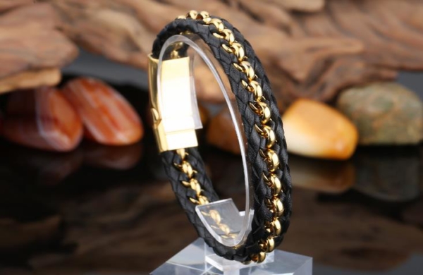 mens leather and stainless steel bracelets | gold mens leather and ...