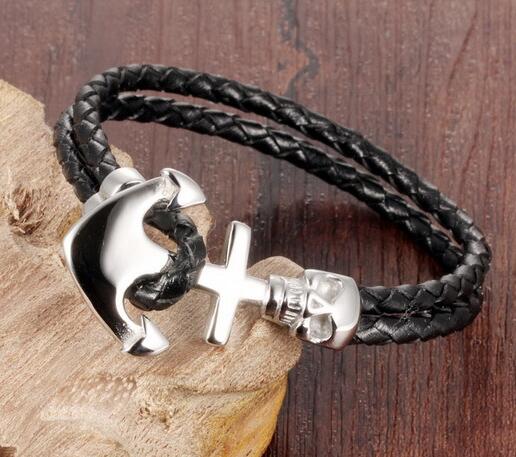 skull leather bracelet|cheap custom anchor jewelry skull leather bracelet