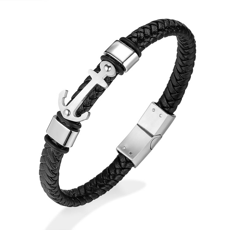 Customized trendy wholesale stainless steel mens woven leather bracelet