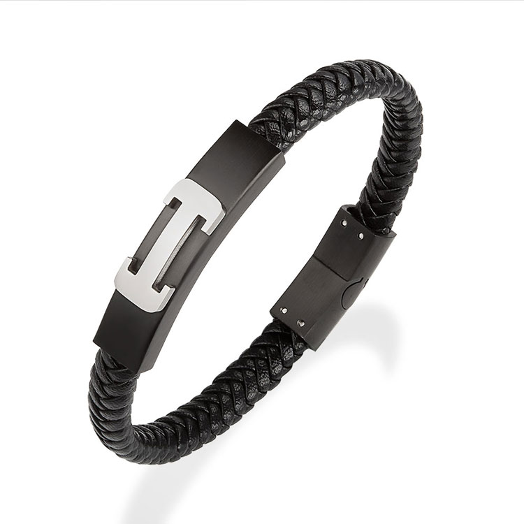 Wholesale cheap stainless steel engraved braided black leather bracelet