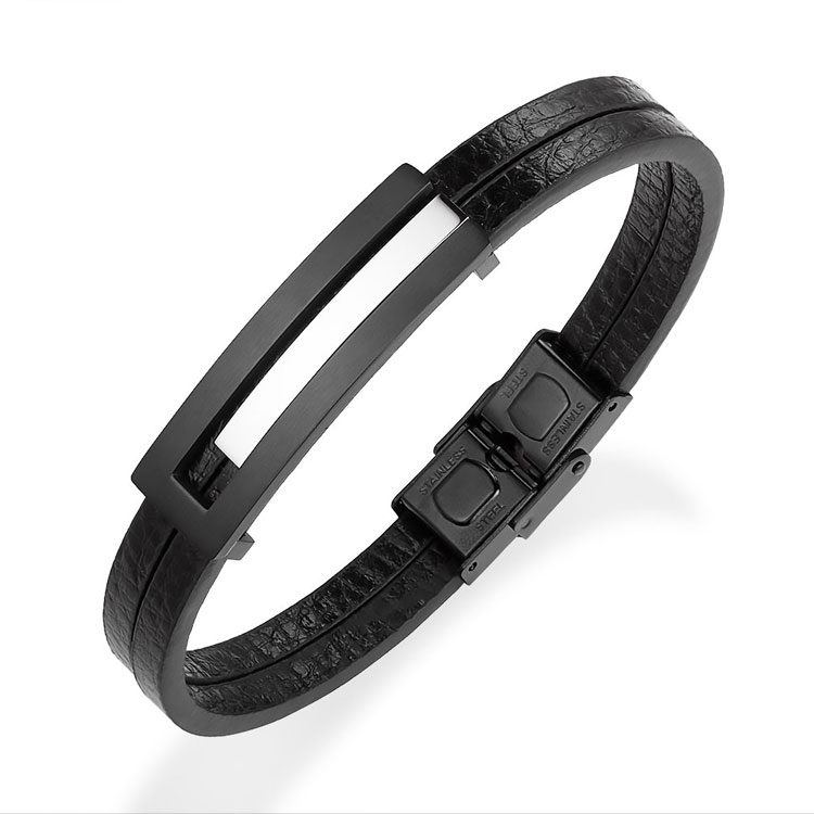 Wholesale plain black handmade stainless steel leather bracelet mexico