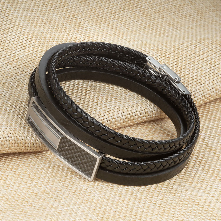 Wholesale custom stainless steel inlay carbon fiber mens multilayer leather bracelet engraved