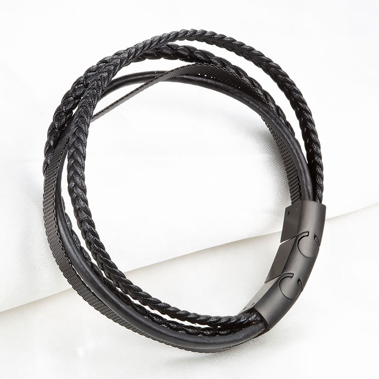 Wholesale Custom Stainless steel Mens Multilayer leather bracelet braided
